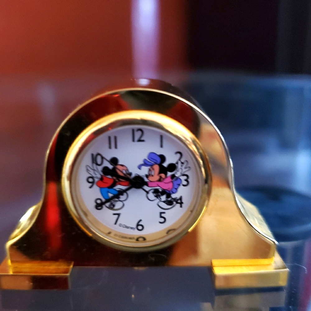 Rare Collector's Gold Mini Clock Mickey & Minnie